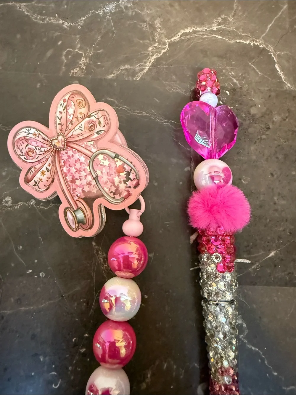 Pink Fur Stethoscope Rhinestone Beaded Pen and Matching Badge Reel Set Handmade